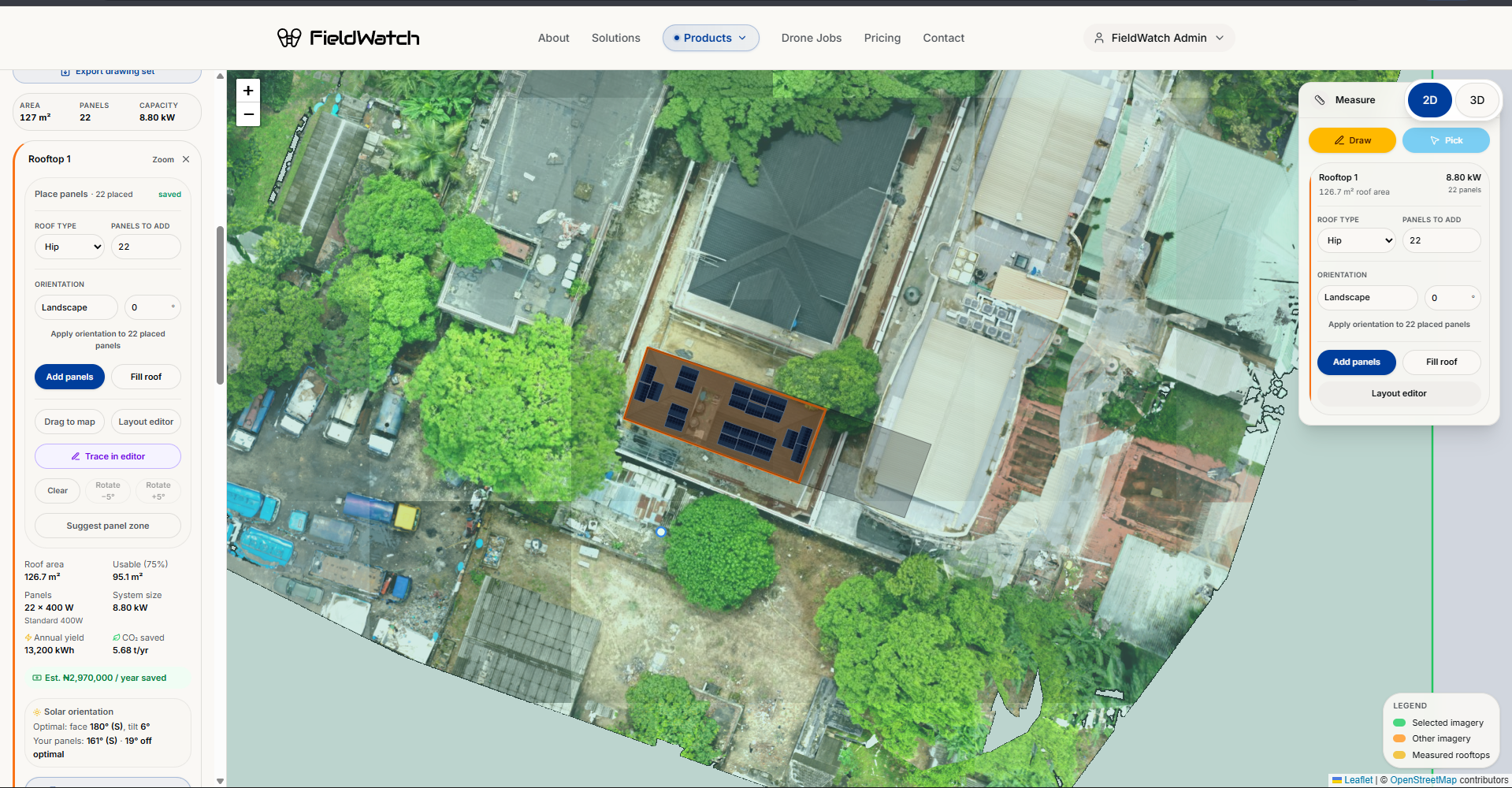 FieldScope showing a measured rooftop on aerial imagery, with roof area, panel count and annual yield in the sidebar