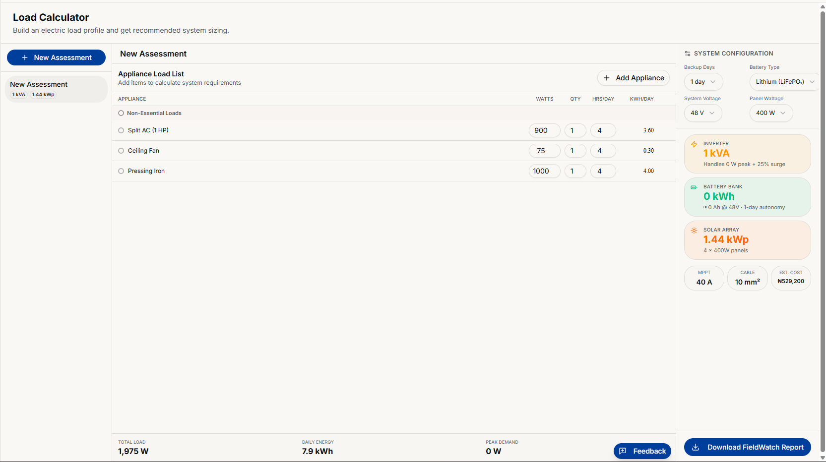 Load calculator showing appliance list and system sizing recommendations